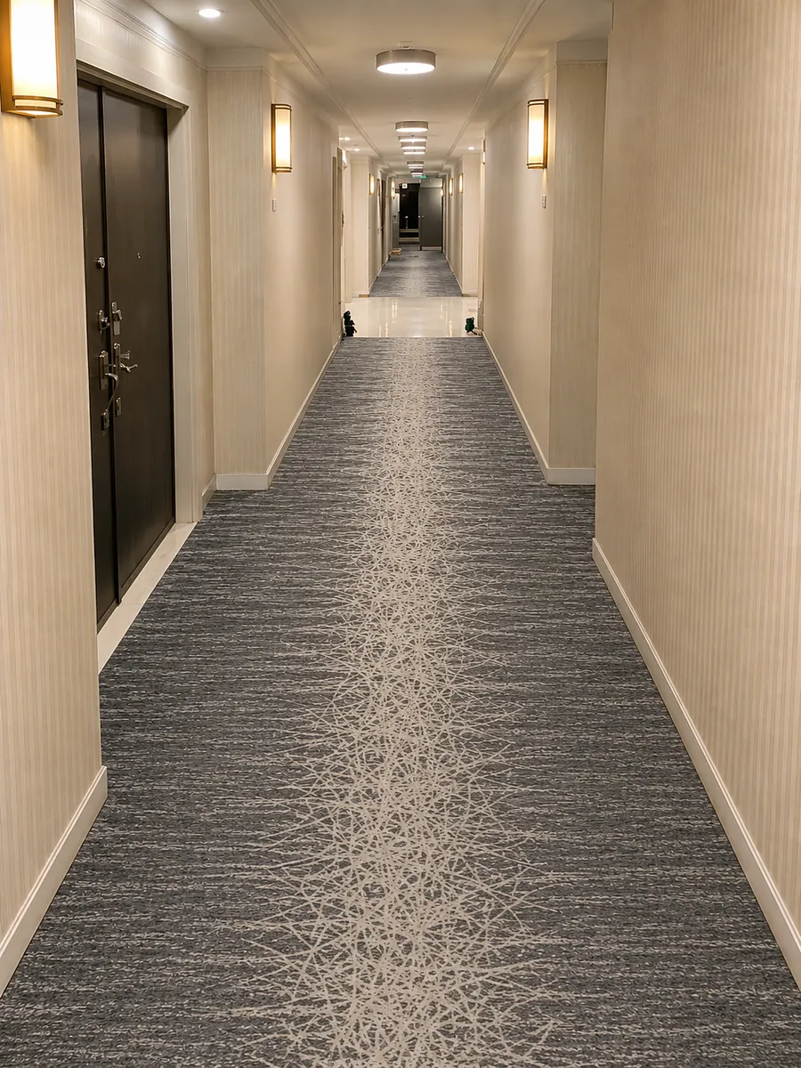 Patterned commercial broadloom carpet running down a hotel corridor, installed by Geometrix Flooring & Design